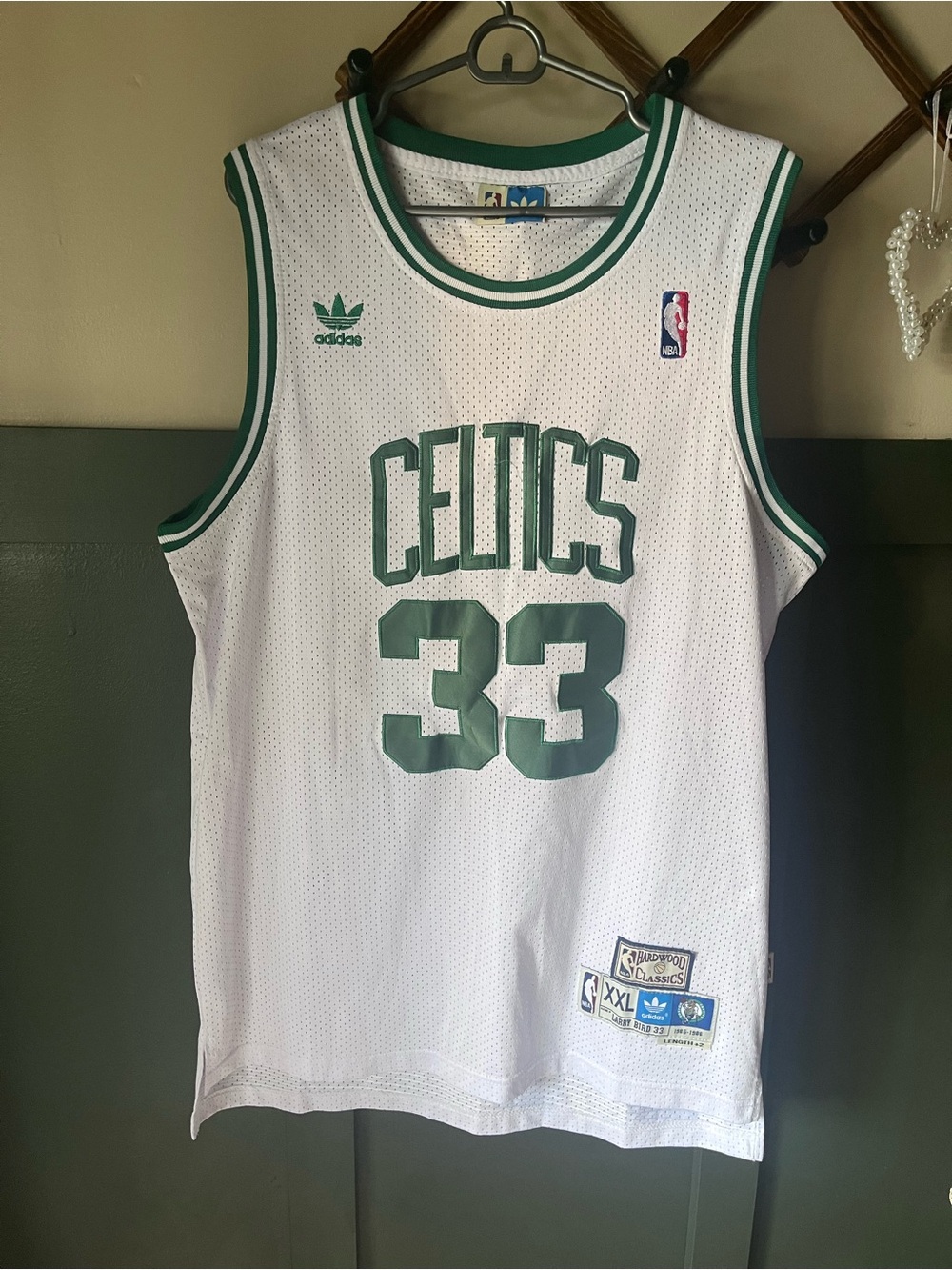 Larry Bird Adidas Celtics #33 White & Green Jersey